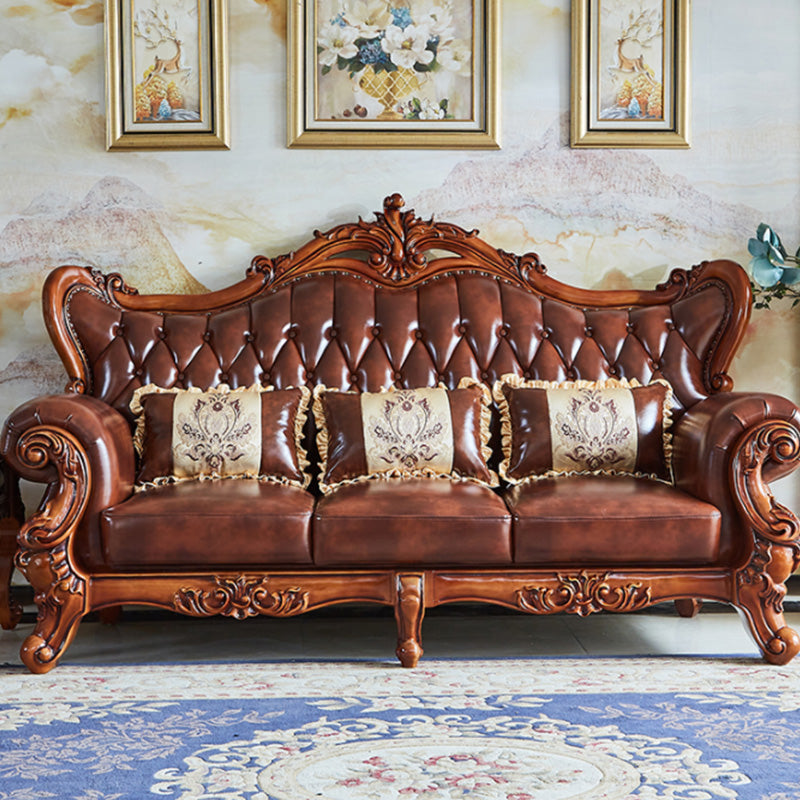 Tufted Split-Back Sofa Genuine Leather Rolled Arm Sofa in Brown 3-Seater Sofa Genuine Leather Clearhalo 'furn' 'furn_sofas' 'Furniture' 'Living Room Furniture' 'Sofa' 'sofas' 7070869