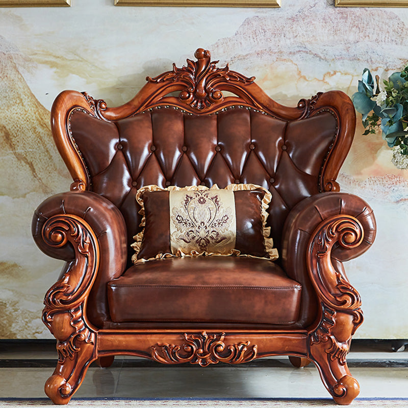 Tufted Split-Back Sofa Genuine Leather Rolled Arm Sofa in Brown 1-Seater Sofa Genuine Leather Clearhalo 'furn' 'furn_sofas' 'Furniture' 'Living Room Furniture' 'Sofa' 'sofas' 7070872