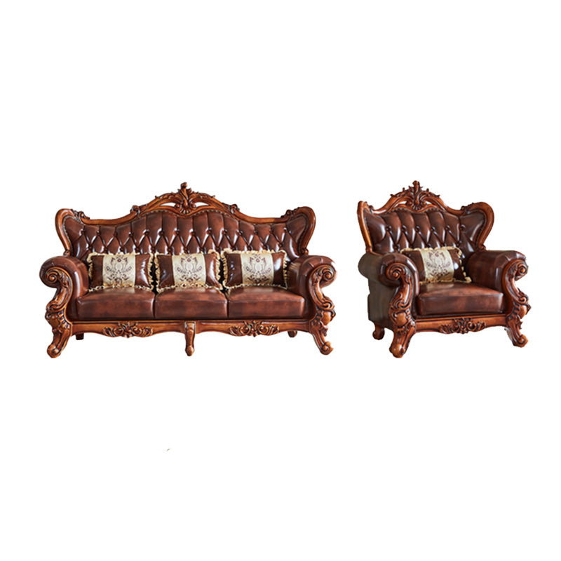 Tufted Split-Back Sofa Genuine Leather Rolled Arm Sofa in Brown 1-Seater Sofa with 3-Seater Sofa Genuine Leather Clearhalo 'furn' 'furn_sofas' 'Furniture' 'Living Room Furniture' 'Sofa' 'sofas' 7070873