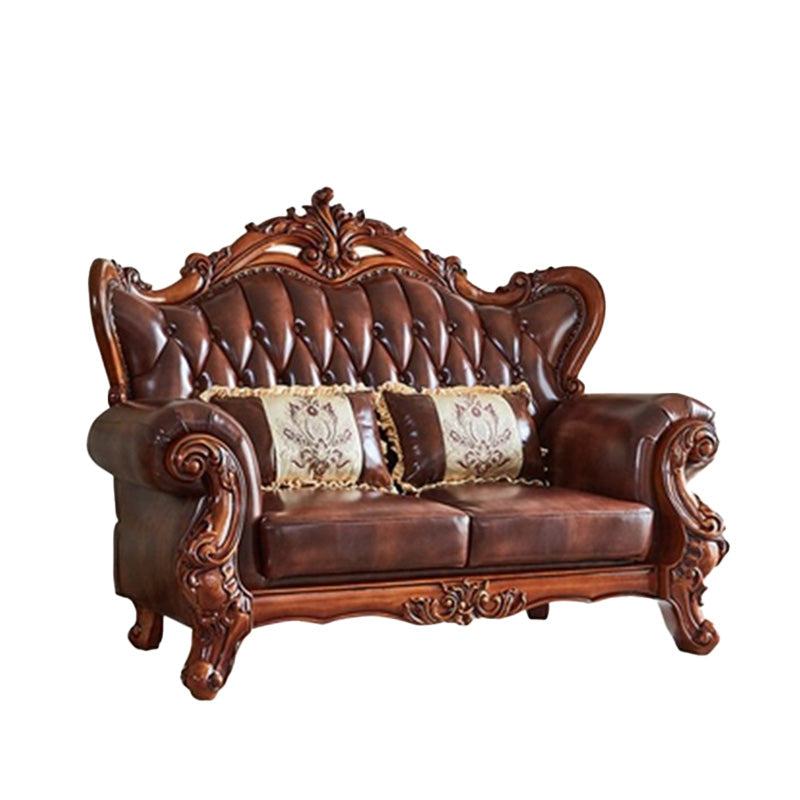 Tufted Split-Back Sofa Genuine Leather Rolled Arm Sofa in Brown 2-Seater Sofa Genuine Leather Clearhalo 'furn' 'furn_sofas' 'Furniture' 'Living Room Furniture' 'Sofa' 'sofas' 7070875