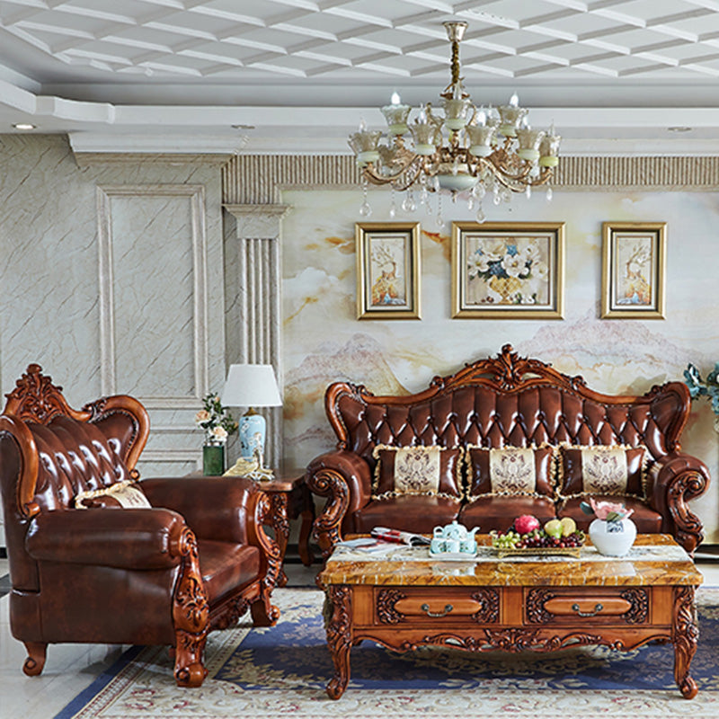 Tufted Split-Back Sofa Genuine Leather Rolled Arm Sofa in Brown Clearhalo 'furn' 'furn_sofas' 'Furniture' 'Living Room Furniture' 'Sofa' 'sofas' 7070876