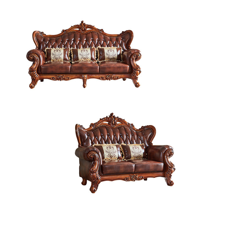 Tufted Split-Back Sofa Genuine Leather Rolled Arm Sofa in Brown 2-Seater Sofa & 3-Seater Sofa Genuine Leather Clearhalo 'furn' 'furn_sofas' 'Furniture' 'Living Room Furniture' 'Sofa' 'sofas' 7070877