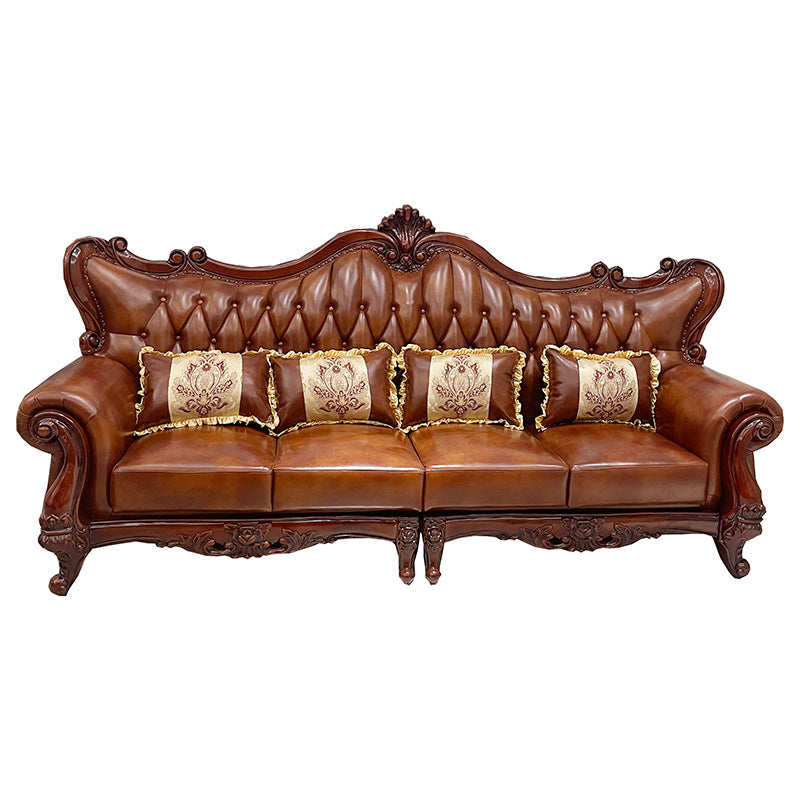 茶色の枕が付いた伝統的な房状のスプリットバック座席フレアアームソファ