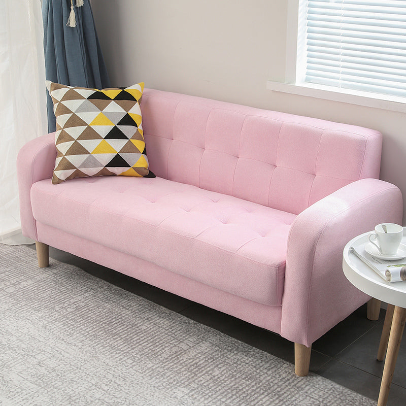 Tufted Fabric Sofa with Four Wooden Legs Square Tufted Sofa for Bonus Room Pink Flannel Clearhalo 'furn' 'furn_sofas' 'Furniture' 'Living Room Furniture' 'Sofa' 'sofas' 7071538