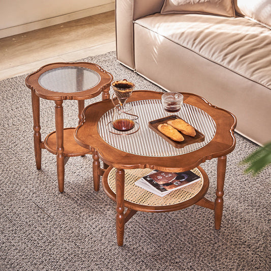 Tavolino accento in legno massiccio soggiorno a forma naturale a doppio livello 4 gambe