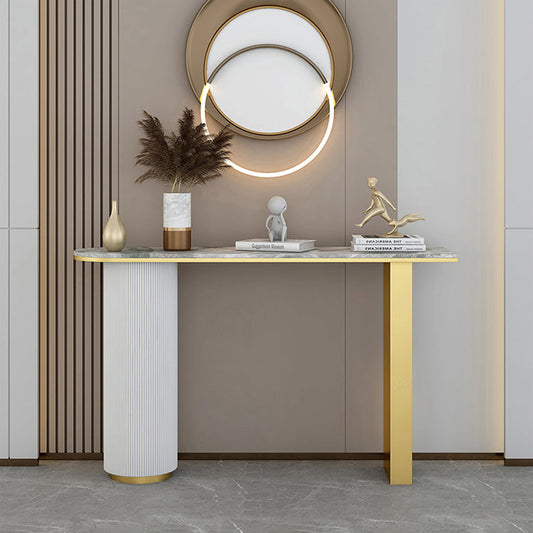 14 inch Wide Glam Console Table Oval Stone Stain Resistant Accent Table for Hall