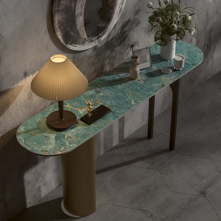 16 Inch Wide Glam Accent Table Oval Stone Console Table for Hall