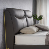 Genuine Leather Panel Bed Solid Color Upholstered Headboard Standard Bed