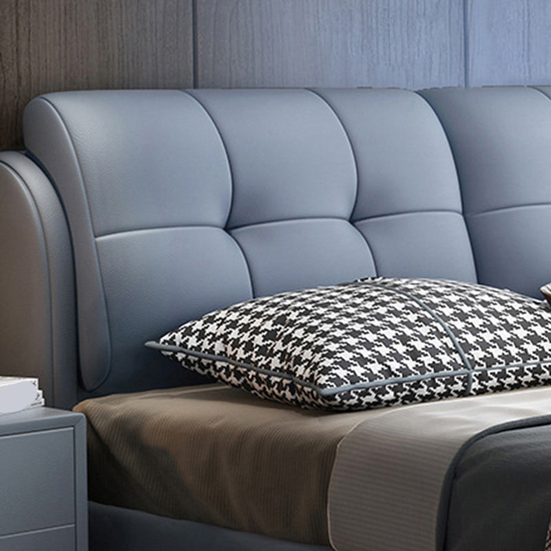 Lit plate-forme rembourré en cuir authentique contemporain Cadre de lit bleu