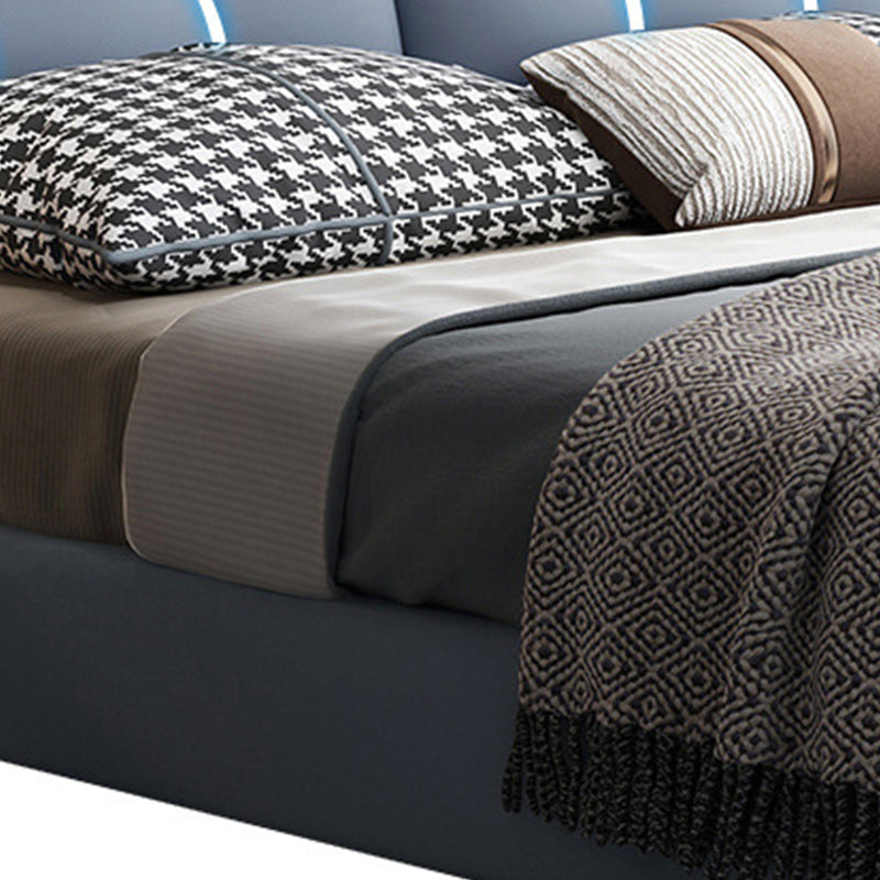 Lit plate-forme rembourré en cuir authentique contemporain Cadre de lit bleu