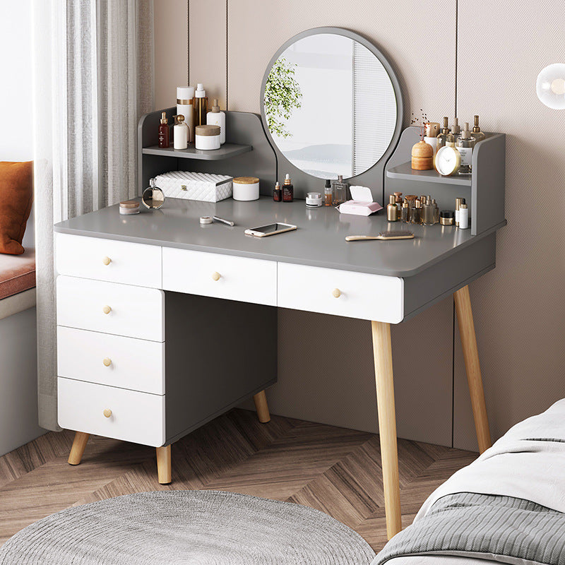 Contemporary Rubberwood Make-up Vanity with Mirror and Stool