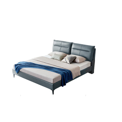 Rectangular Solid Color Panel Bed Genuine Leather Standard Bed with Metal Legs Blue Single Bed Clearhalo 'Bedroom Furniture' 'Beds' 'furn' 'furn_beds' 'Furniture' 7091166