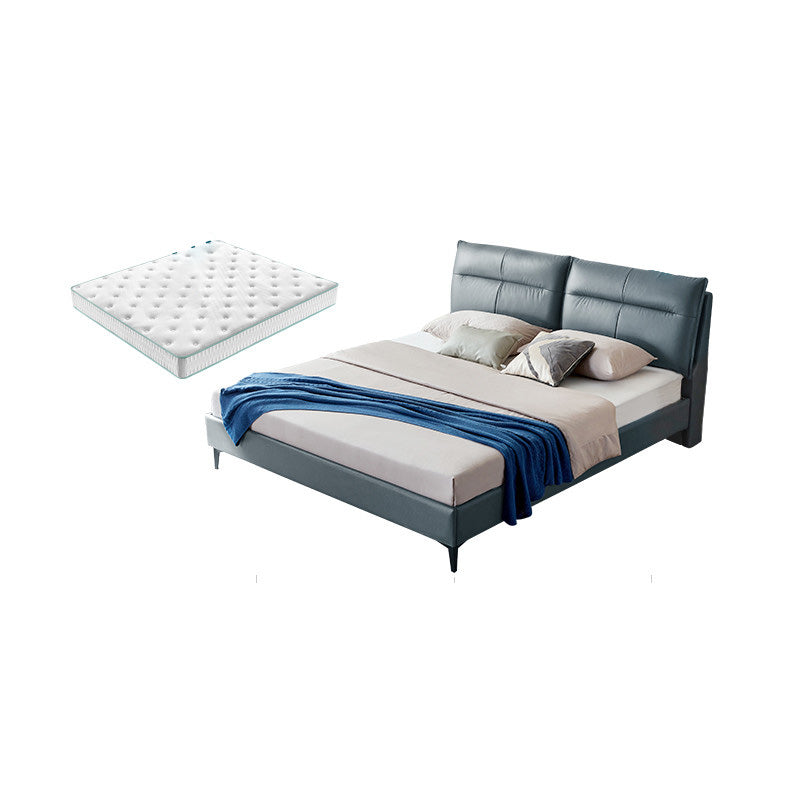 Rectangular Solid Color Panel Bed Genuine Leather Standard Bed with Metal Legs Blue Bed & Mattress Clearhalo 'Bedroom Furniture' 'Beds' 'furn' 'furn_beds' 'Furniture' 7091167