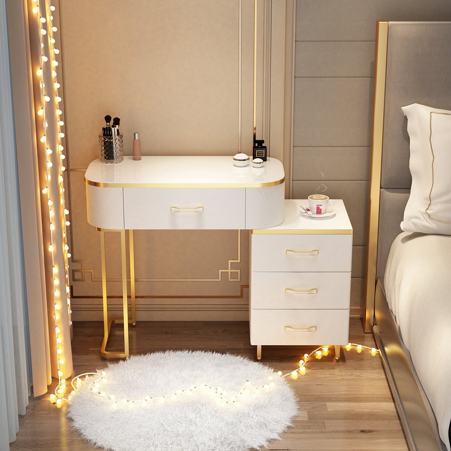 Wooden Makeup Vanity Desk Lighted Mirror Dressing Table Stool Set with Drawer