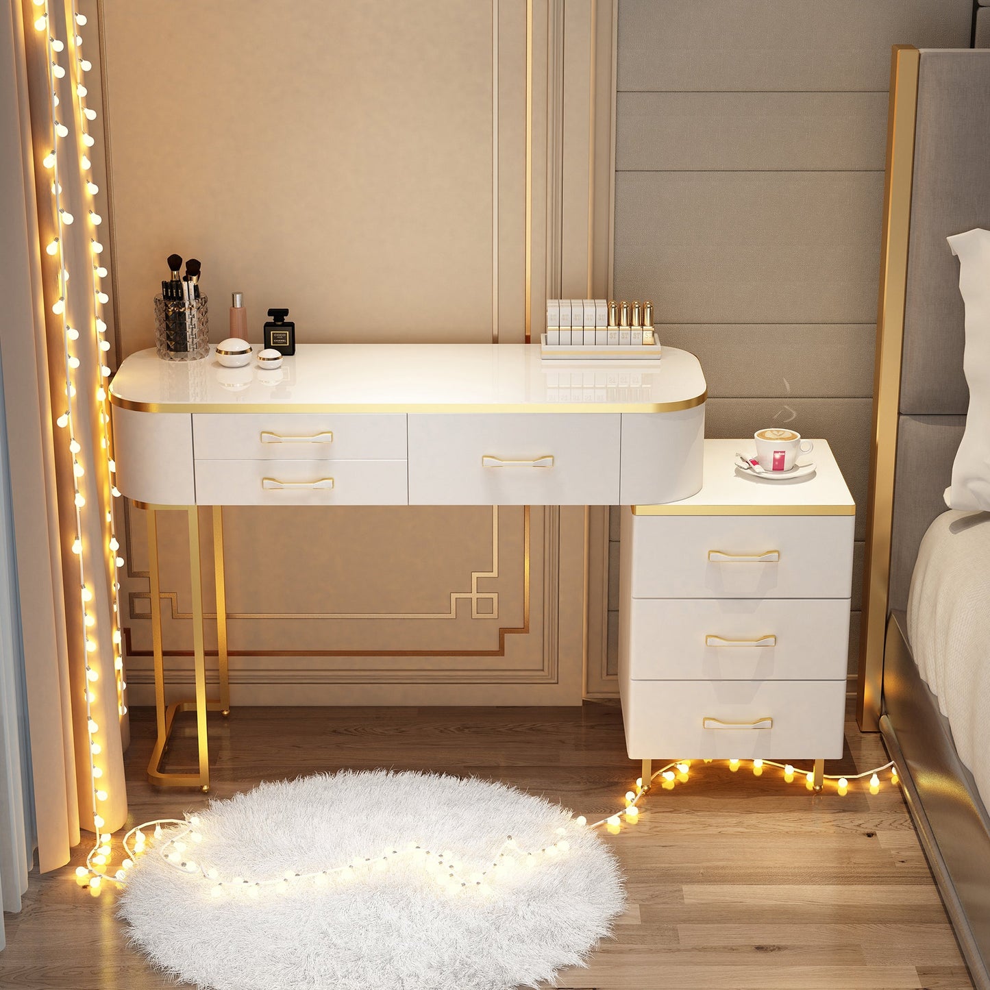 Wooden Makeup Vanity Desk Lighted Mirror Dressing Table Stool Set with Drawer