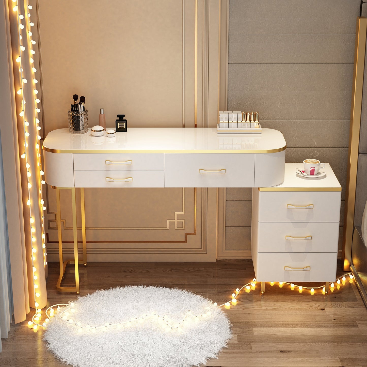 Wooden Makeup Vanity Desk Lighted Mirror Dressing Table Stool Set with Drawer