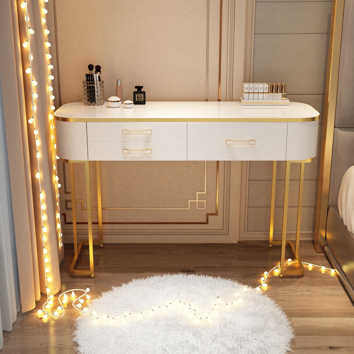 Wooden Makeup Vanity Desk Lighted Mirror Dressing Table Stool Set with Drawer