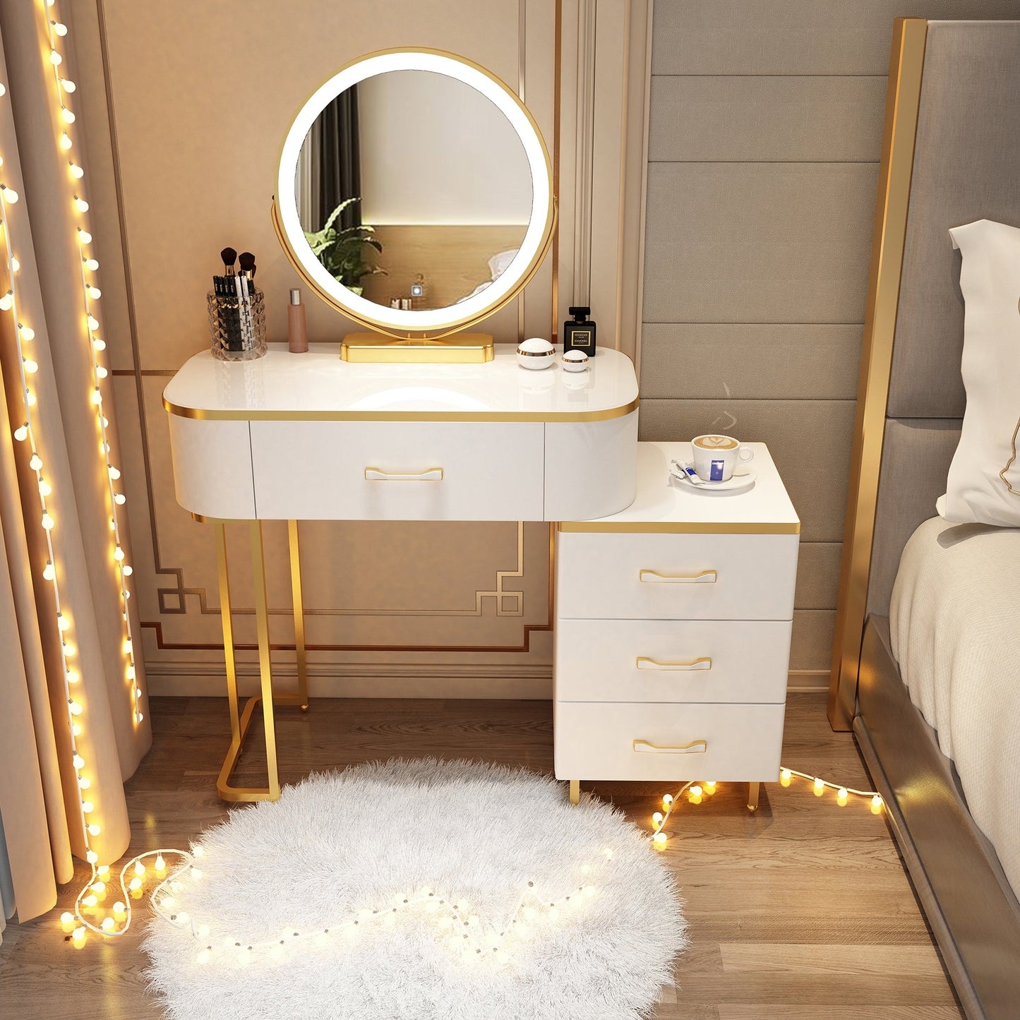 Wooden Makeup Vanity Desk Lighted Mirror Dressing Table Stool Set with Drawer