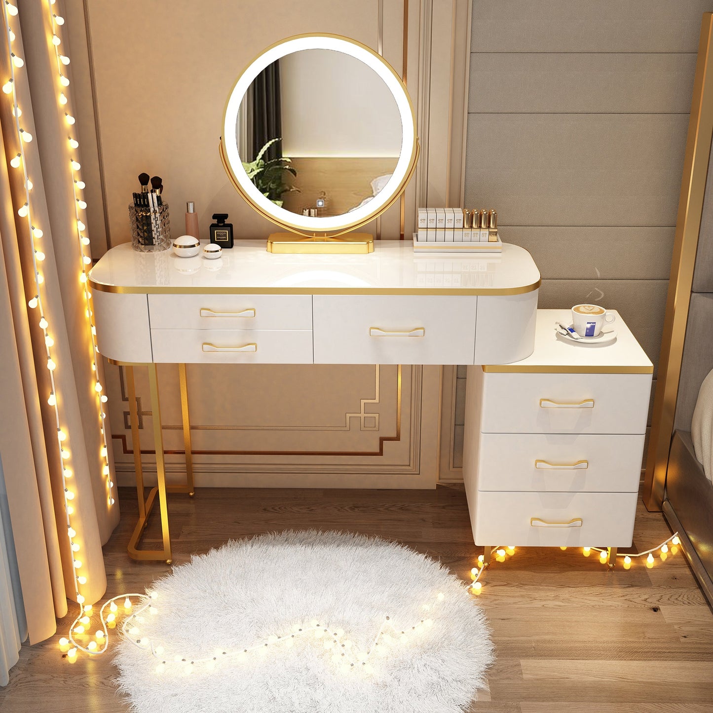 Wooden Makeup Vanity Desk Lighted Mirror Dressing Table Stool Set with Drawer