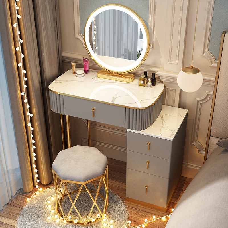 Solid Wood Makeup Vanity Desk Lighted Mirror Makeup Vanity Set Makeup Vanity & Mirror & Stools 28"L x 16"W x 30"H White-Gray Clearhalo 'Bedroom Furniture' 'furn' 'furn_makeup_vanities' 'Furniture' 'Makeup Vanities' 'makeup_vanities' 7092052