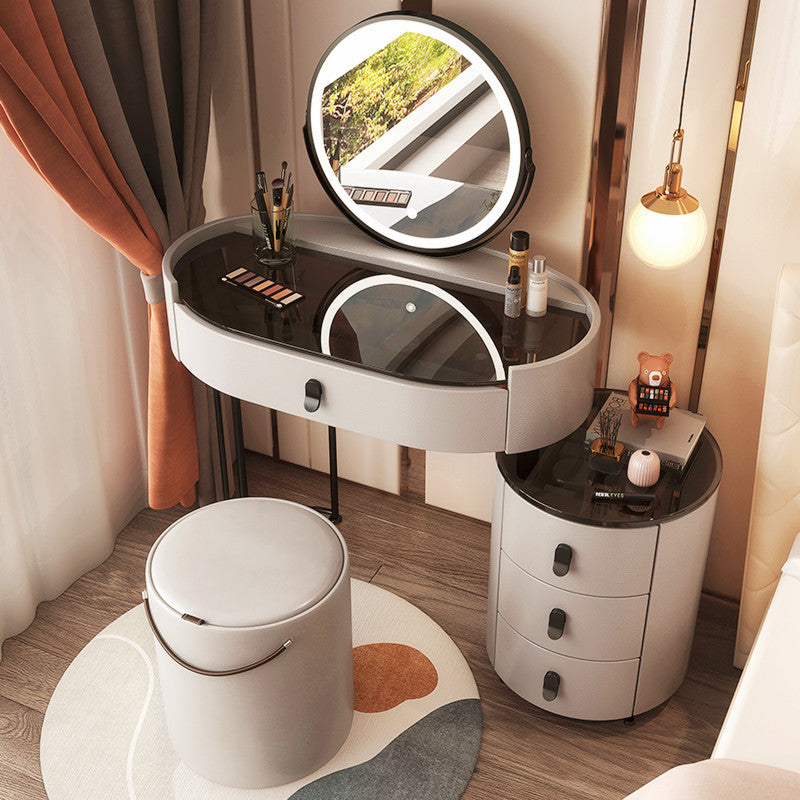 Glass Top Makeup Vanity Desk Lighted Mirror Vanity Dressing Table Set Clearhalo 'Bedroom Furniture' 'furn' 'furn_makeup_vanities' 'Furniture' 'Makeup Vanities' 'makeup_vanities' 7093378