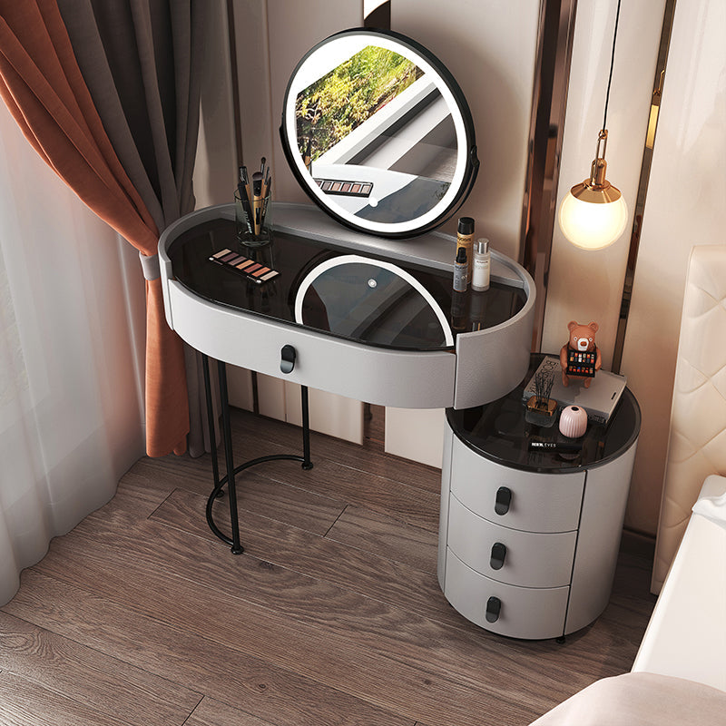 Glass Top Makeup Vanity Desk Lighted Mirror Vanity Dressing Table Set Makeup Vanity & Mirror 28"L x 14"W x 30"H Grey Clearhalo 'Bedroom Furniture' 'furn' 'furn_makeup_vanities' 'Furniture' 'Makeup Vanities' 'makeup_vanities' 7093380