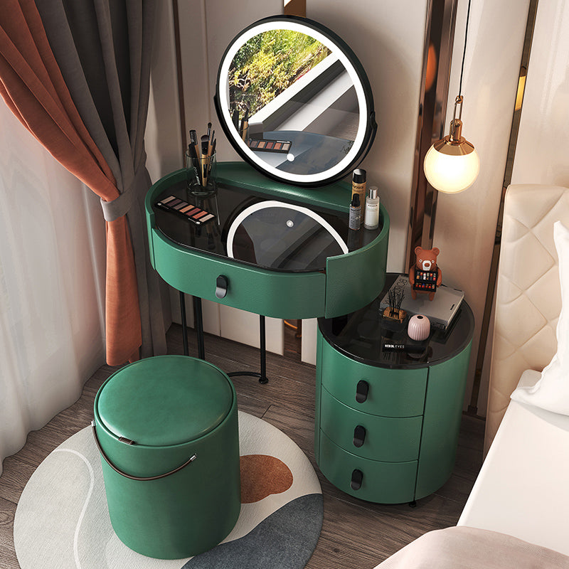 Glass Top Makeup Vanity Desk Lighted Mirror Vanity Dressing Table Set Makeup Vanity & Mirror & Stools 20"L x 14"W x 30"H Green Clearhalo 'Bedroom Furniture' 'furn' 'furn_makeup_vanities' 'Furniture' 'Makeup Vanities' 'makeup_vanities' 7093382