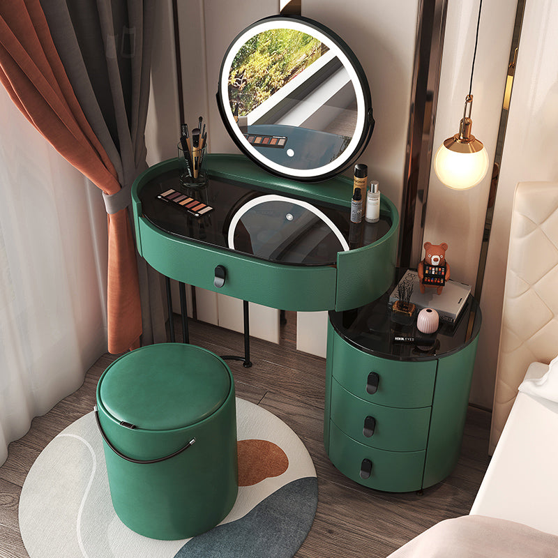 Glass Top Makeup Vanity Desk Lighted Mirror Vanity Dressing Table Set Makeup Vanity & Mirror & Stools 24"L x 14"W x 30"H Green Clearhalo 'Bedroom Furniture' 'furn' 'furn_makeup_vanities' 'Furniture' 'Makeup Vanities' 'makeup_vanities' 7093384
