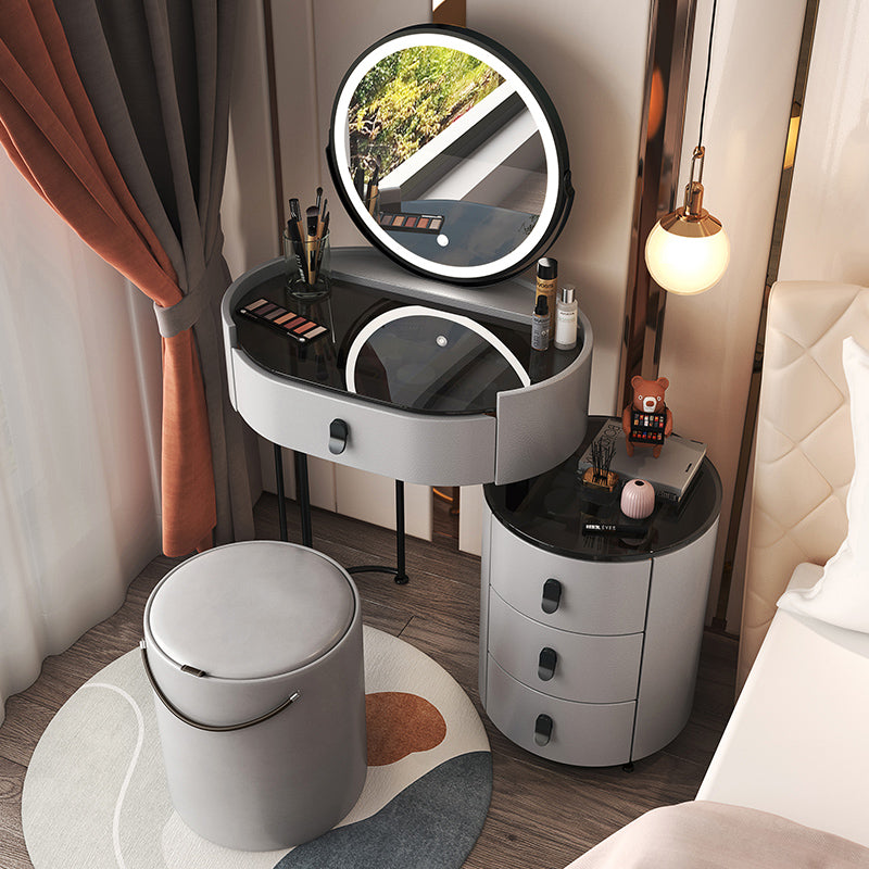Glass Top Makeup Vanity Desk Lighted Mirror Vanity Dressing Table Set Makeup Vanity & Mirror & Stools 20"L x 14"W x 30"H Grey Clearhalo 'Bedroom Furniture' 'furn' 'furn_makeup_vanities' 'Furniture' 'Makeup Vanities' 'makeup_vanities' 7093388