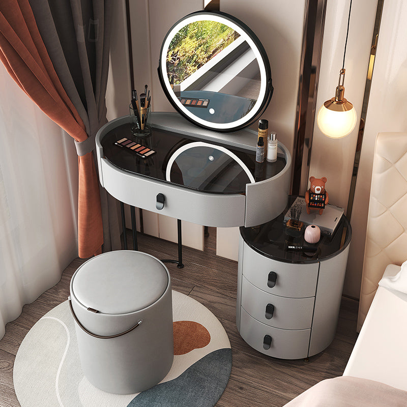 Glass Top Makeup Vanity Desk Lighted Mirror Vanity Dressing Table Set Makeup Vanity & Mirror & Stools 24"L x 14"W x 30"H Grey Clearhalo 'Bedroom Furniture' 'furn' 'furn_makeup_vanities' 'Furniture' 'Makeup Vanities' 'makeup_vanities' 7093389