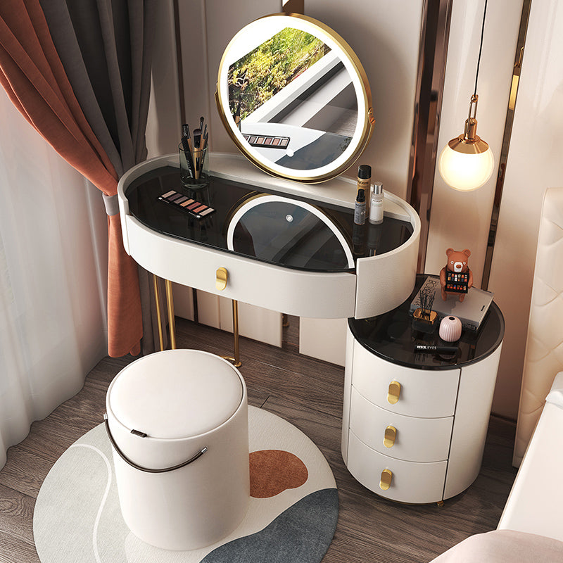 Glass Top Makeup Vanity Desk Lighted Mirror Vanity Dressing Table Set Makeup Vanity & Mirror & Stools 28"L x 14"W x 30"H White Clearhalo 'Bedroom Furniture' 'furn' 'furn_makeup_vanities' 'Furniture' 'Makeup Vanities' 'makeup_vanities' 7093397