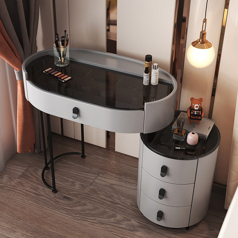 Glass Top Makeup Vanity Desk Lighted Mirror Vanity Dressing Table Set Makeup Vanity 28"L x 14"W x 30"H Grey Clearhalo 'Bedroom Furniture' 'furn' 'furn_makeup_vanities' 'Furniture' 'Makeup Vanities' 'makeup_vanities' 7093399