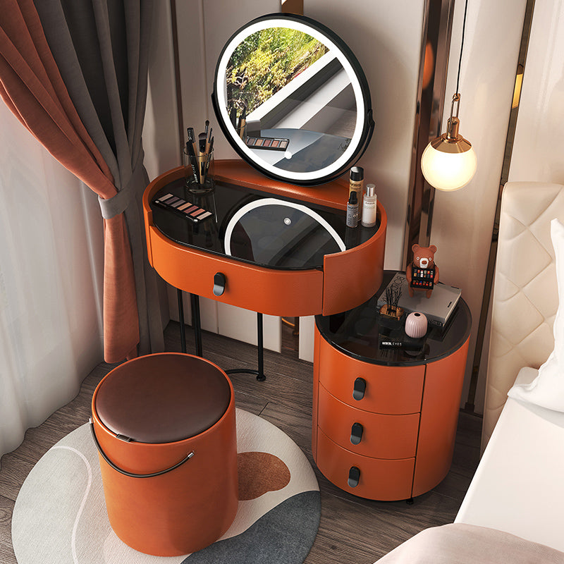 Glass Top Makeup Vanity Desk Lighted Mirror Vanity Dressing Table Set Makeup Vanity & Mirror & Stools 20"L x 14"W x 30"H Orange Clearhalo 'Bedroom Furniture' 'furn' 'furn_makeup_vanities' 'Furniture' 'Makeup Vanities' 'makeup_vanities' 7093400
