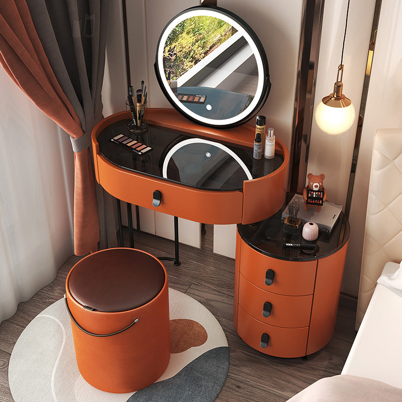 Glass Top Makeup Vanity Desk Lighted Mirror Vanity Dressing Table Set Makeup Vanity & Mirror & Stools 24"L x 14"W x 30"H Orange Clearhalo 'Bedroom Furniture' 'furn' 'furn_makeup_vanities' 'Furniture' 'Makeup Vanities' 'makeup_vanities' 7093401