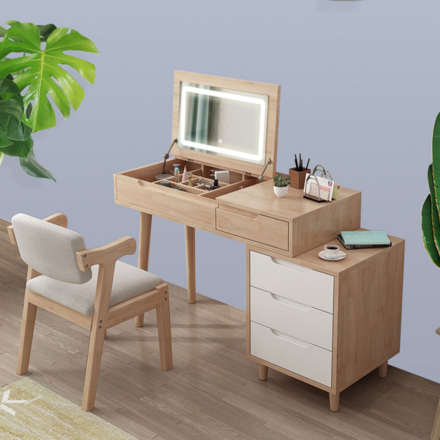 Tavolo da toeletta in legno di gomma moderno con sgabello da 1 mirror tavolo da vanità in legno