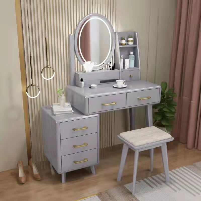 Traditions Dressing Table Cherry Bedroom Lighted Mirror Standing Make-up Vanity Makeup Vanity & Mirror & Stools Grey 5 Clearhalo 'Bedroom Furniture' 'furn' 'furn_makeup_vanities' 'Furniture' 'Makeup Vanities' 'makeup_vanities' 7094887
