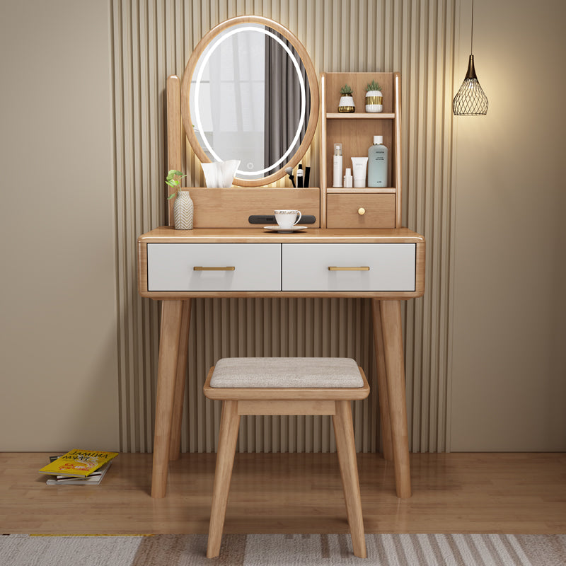 Traditions Dressing Table Cherry Bedroom Lighted Mirror Standing Make-up Vanity Makeup Vanity & Mirror & Stools Natural Wood White 2 Clearhalo 'Bedroom Furniture' 'furn' 'furn_makeup_vanities' 'Furniture' 'Makeup Vanities' 'makeup_vanities' 7094899