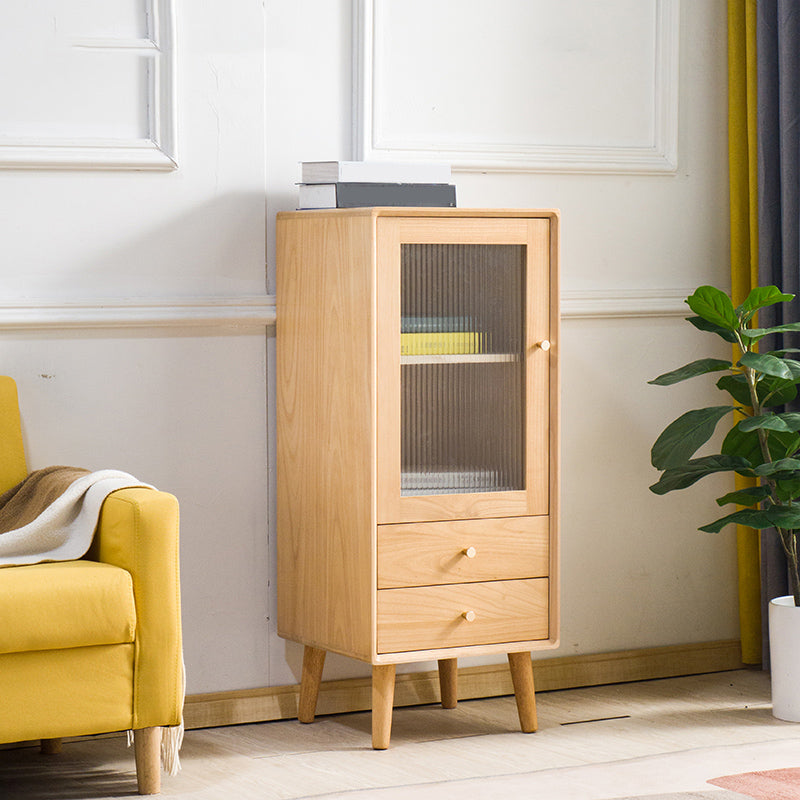 Modern Glass Paned Accent Cabinet 1-Door Solid Wood Chest with 2 Drawers 16.5"L x 16"W x 40"H Natural Gold Clearhalo 'Cabinets & Chests' 'cabinets_chests' 'furn' 'furn_cabinets_chests' 'Furniture' 'Living Room Furniture' 7094939