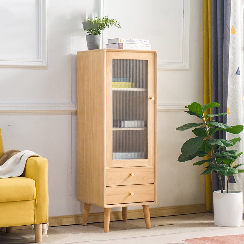 Modern Glass Paned Accent Cabinet 1-Door Solid Wood Chest with 2 Drawers 16.5"L x 16"W x 48"H Natural Gold Clearhalo 'Cabinets & Chests' 'cabinets_chests' 'furn' 'furn_cabinets_chests' 'Furniture' 'Living Room Furniture' 7094940