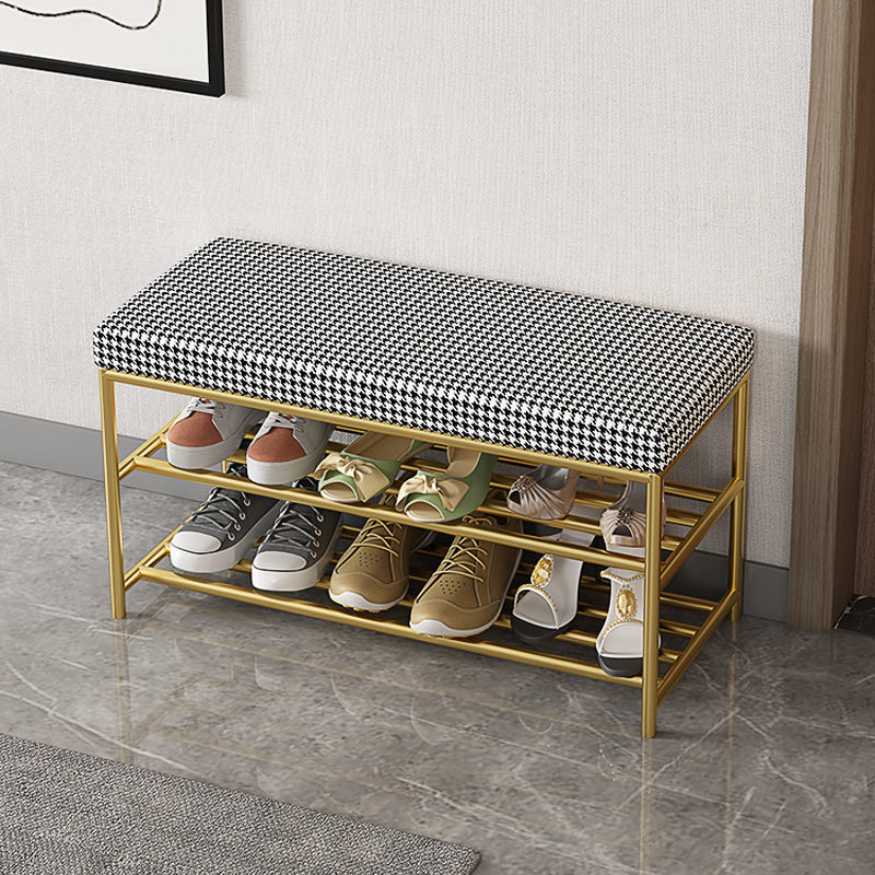 Rectangle Shoe Storage Entryway Bench Cushioned Modern Metal Seating Bench 31"L x 13"W x 18"H Houndstooth pattern Gold Clearhalo 'Benches' 'Chairs & Seating' 'furn' 'furn_benches' 'Furniture' 'Living Room Furniture' 7097404
