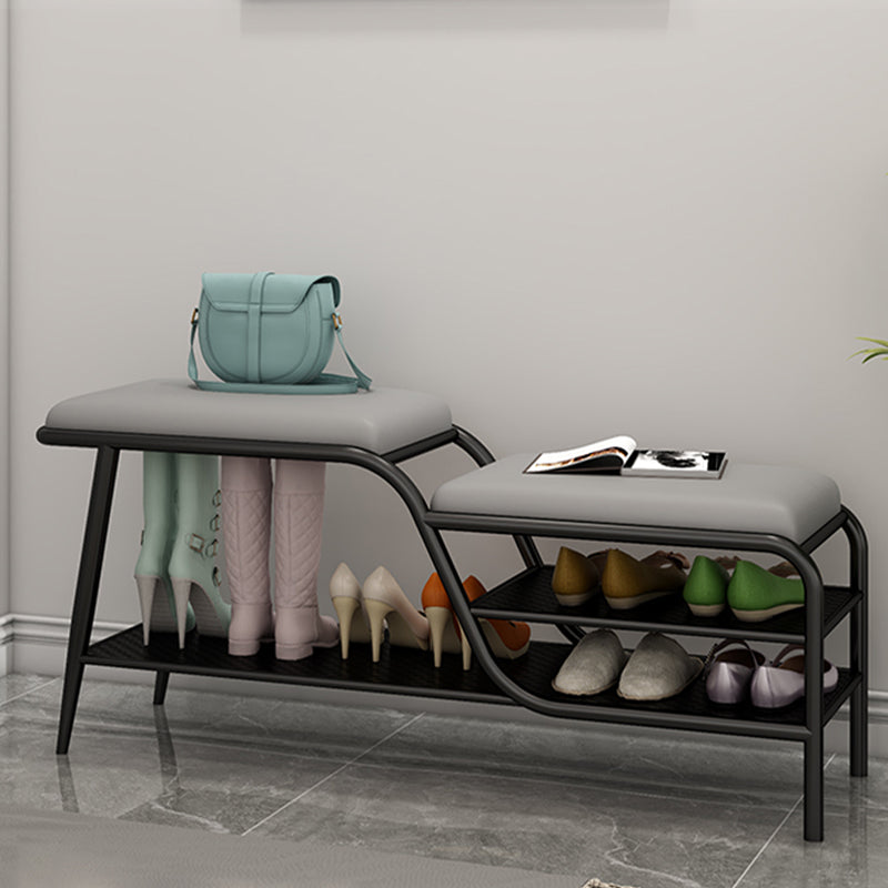 14 Inch Wide Modern Entryway Bench Cushioned Rectangle Metal Seating Bench with Shelves 47.2"L x 13.8"W x 16.5"H Gray Black Clearhalo 'Benches' 'Chairs & Seating' 'furn' 'furn_benches' 'Furniture' 'Living Room Furniture' 7097422
