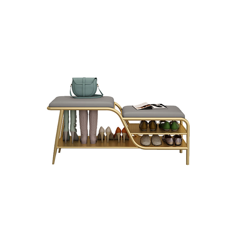 14 Inch Wide Modern Entryway Bench Cushioned Rectangle Metal Seating Bench with Shelves Gray Gold Clearhalo 'Benches' 'Chairs & Seating' 'furn' 'furn_benches' 'Furniture' 'Living Room Furniture' 7097423