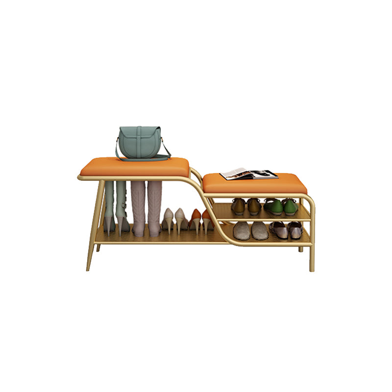14 Inch Wide Modern Entryway Bench Cushioned Rectangle Metal Seating Bench with Shelves Orange Gold Clearhalo 'Benches' 'Chairs & Seating' 'furn' 'furn_benches' 'Furniture' 'Living Room Furniture' 7097425