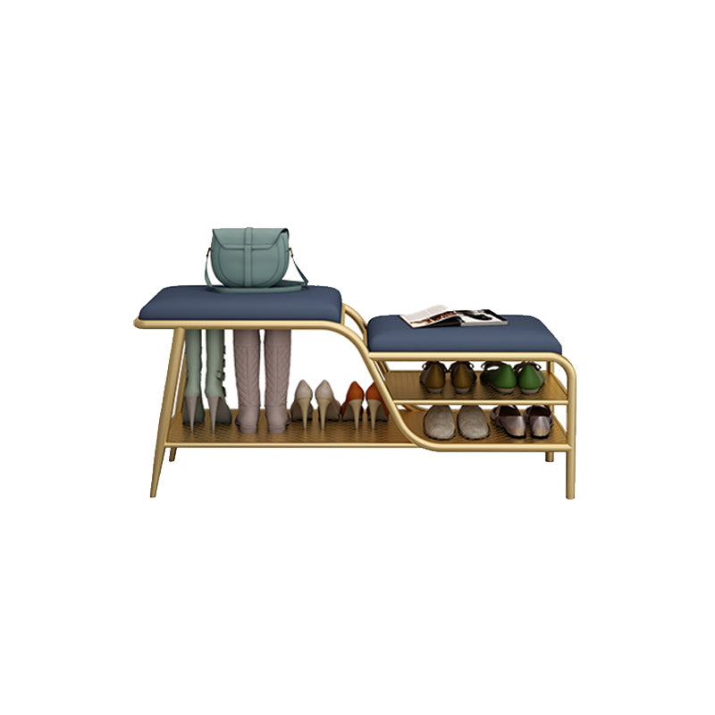14 Inch Wide Modern Entryway Bench Cushioned Rectangle Metal Seating Bench with Shelves Blue Gold Clearhalo 'Benches' 'Chairs & Seating' 'furn' 'furn_benches' 'Furniture' 'Living Room Furniture' 7097427