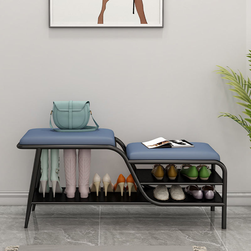 14 Inch Wide Modern Entryway Bench Cushioned Rectangle Metal Seating Bench with Shelves 47.2"L x 13.8"W x 16.5"H Blue Black Clearhalo 'Benches' 'Chairs & Seating' 'furn' 'furn_benches' 'Furniture' 'Living Room Furniture' 7097429