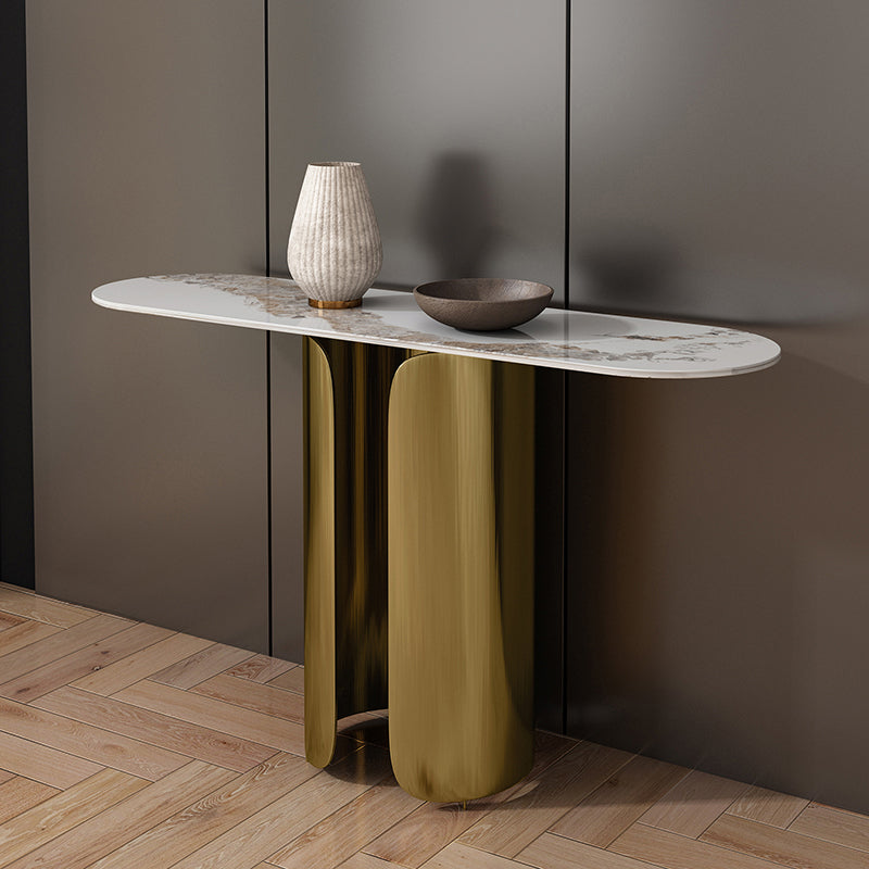 16 Inch Wide Glam Console Table Oval Stone Accent Table for Hall
