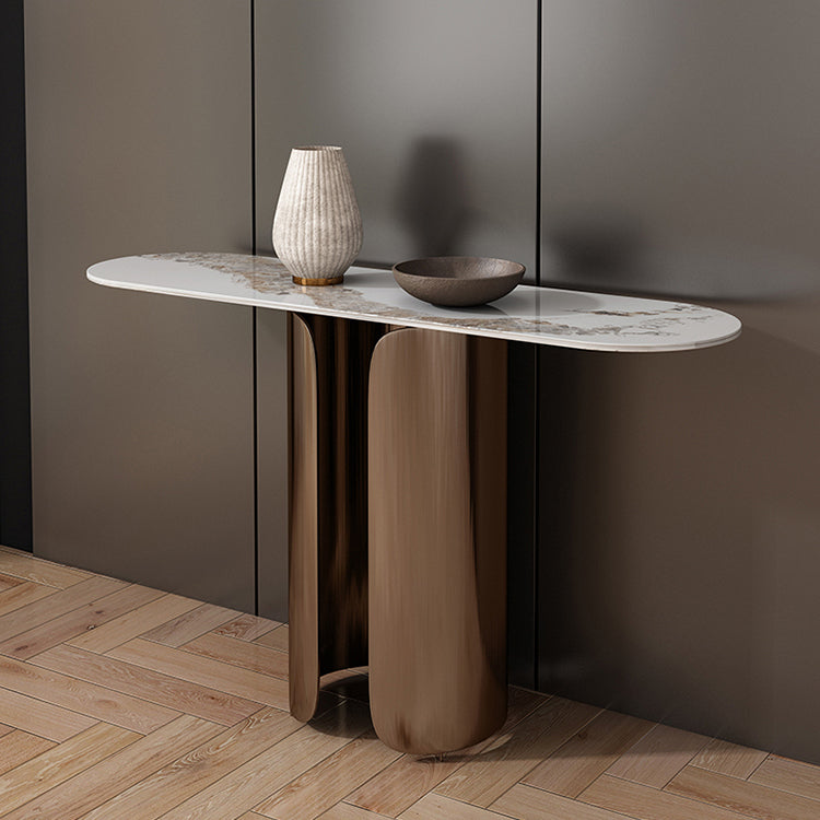 16 Inch Wide Glam Console Table Oval Stone Accent Table for Hall