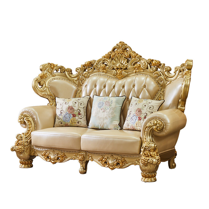 ゴールドの本革ソファ房式スプリットバックロールアームソファリビングルーム用