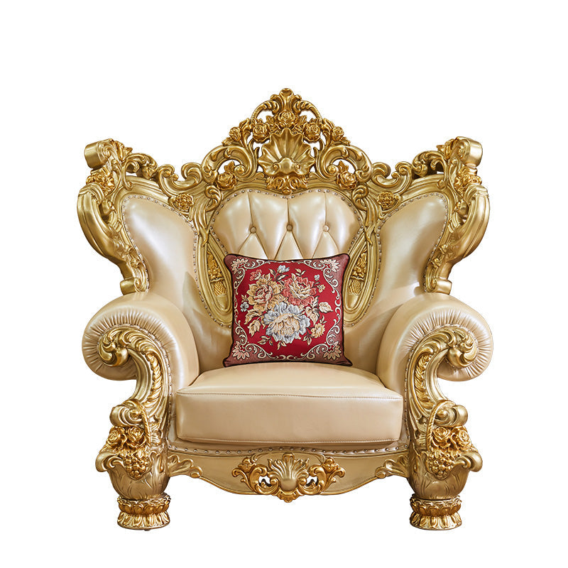 ゴールドの本革ソファ房式スプリットバックロールアームソファリビングルーム用