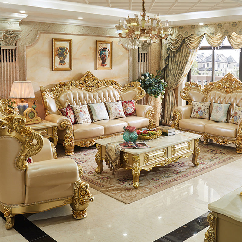 ゴールドの本革ソファ房式スプリットバックロールアームソファリビングルーム用